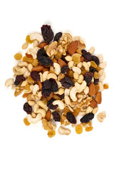 Healthy snack: mixed nuts and dried fruits, isolated on white background.