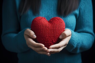 woman in blue sweater holding red knitted heart in her hands