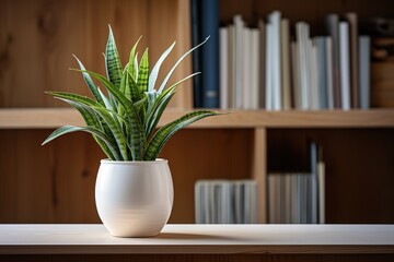 closeup house plant in white pot on the table with bookshelves on background