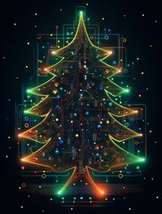 Vibrant circuit board in the shape of Christmas tree with colorful nodes and pathways and bright star on top over black background