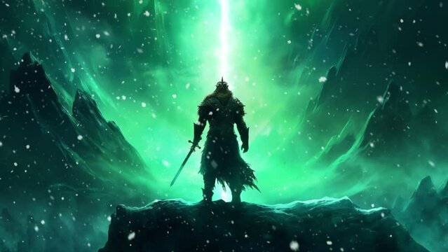 Viking warrior with big sword in front of mountain with green light, snowing background (4K)