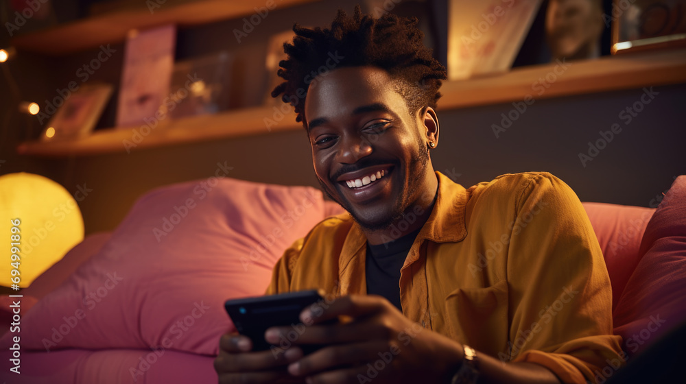 Poster Smiling man sits on the sofa at home and holding his smartphone in his hands