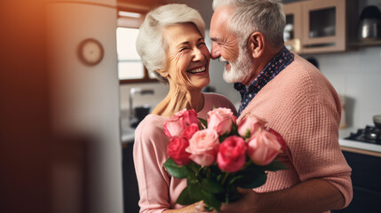 Elderly couple in a kitchen, with the man hugging the woman from behind, both smiling joyfully, as the woman holds a bouquet of roses.