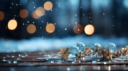 Christmas winter background with snow and blurred bokeh.Merry christmas and happy new year greeting card with copy space