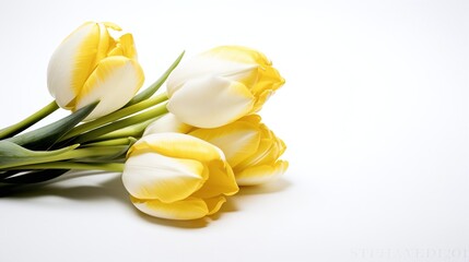 Elegant White and Yellow Tulips Bunch Isolated on White Background with Soft Shadows