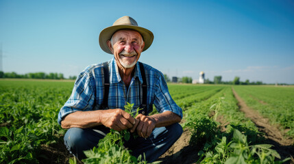 Naklejka na ściany i meble Smiling senior man farmer wearing a straw hat kneeling in a field