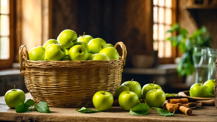 harvest green apples in a basket in the kitchen