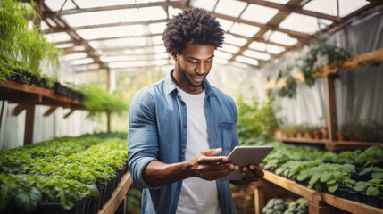 Male farmer stands and holds tablet in her hands in greenhouse