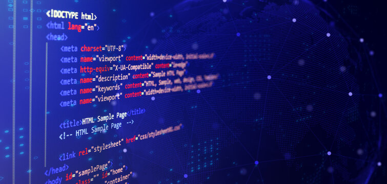 HTML code on computer monitor with Global Network Connection background. HTML5 source code, Web language programming, Computer courses, Training, Learning HTML, Website technology internet concept.