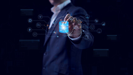 Database management system concept, Database server, Cloud computing, Data center and backup, Learning SQL programming language, Computer courses and training. Man pointing to Database storage.