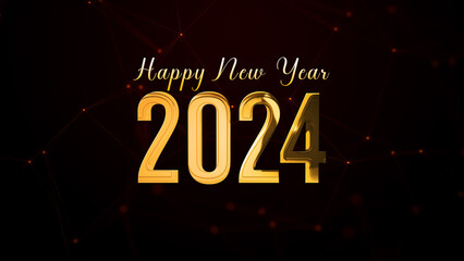 Luxury Digital Shiny Golden Glossy Metal Texture Happy New Year 2024 Text Effect On Connected Lines Dots Dark Red Background