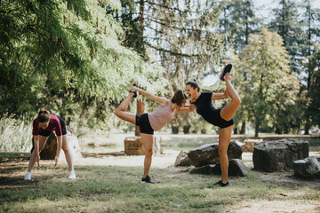 Fit girls training outdoors in a city park, enjoying nature and staying active. They stretch and...