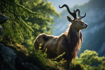 A Markhor, stands atop a steep cliff surrounded by lush green vegetation