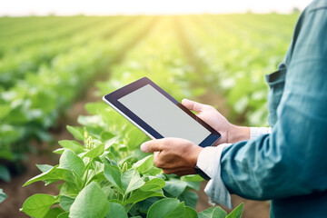 Male farmer using digital tablet computer with blank white desktop screen in cultivated soybean field. Smart farming and digital agriculture. Technology agriculture farming concept. 


