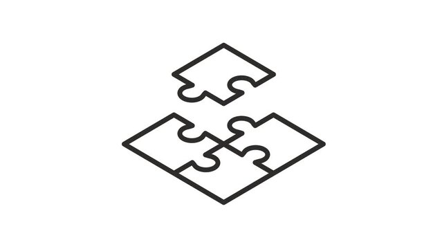 video of isometric puzzle icon, jigsaw solution, teamwork concept, thin line symbol on white background - vector illustration