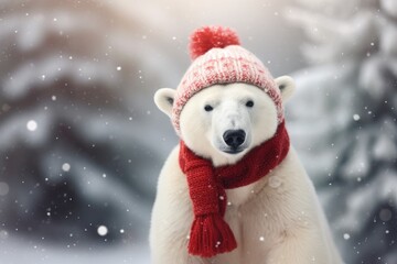 Happy polar bear in winter and christmas festival in north pole comeliness