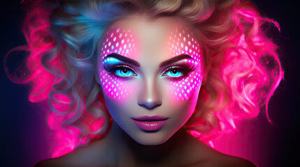 Beautiful Blonde with Neon Face Art. Party and Celebration