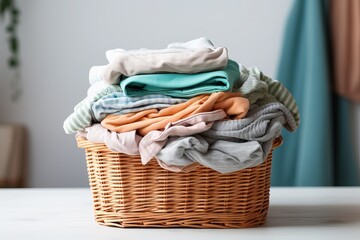 Wicker Basket with Colorful Dirty Laundry. Housekeeping Scene