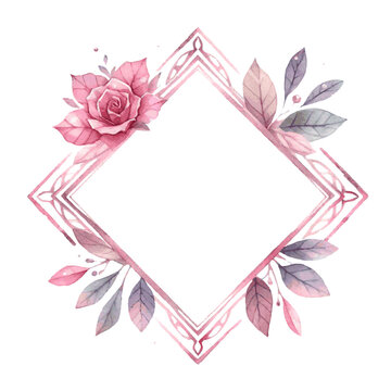pink flower and leaves square frame for card decor