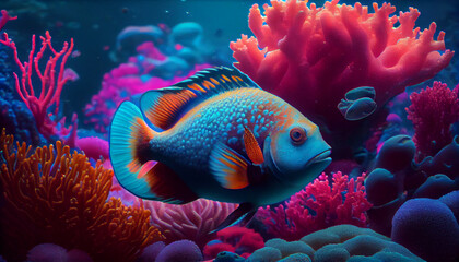 Fototapeta na wymiar Colorful fish swims among colorful corals, Ai generated image.