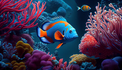 Naklejka premium Colorful fish swims among colorful corals, Ai generated image.