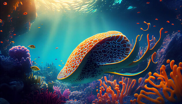 Colorful tropical octopas scene background, Life in the coral reef underwater, sunlight, clear water ocean, travel concept, Ai generated image.