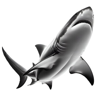 a shark, captured swimming, its body slightly arched, giving the impression of movement. The image is in black and white,