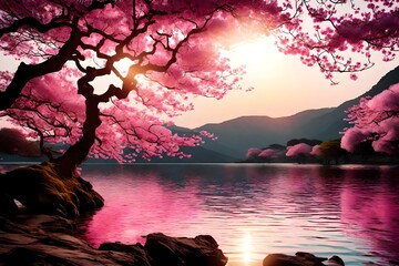 layered and atmospheric landscapes, animated gifs, serene waterways, an oriental tree shaped like a moon with pink blossoms, vivid stage backgrounds, and serene.