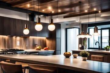 In the modern kitchen, pendant lights hang from the ceiling, while in the living area, cushions are arranged on the sofa.