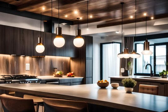 In the modern kitchen, pendant lights hang from the ceiling, while in the living area, cushions are arranged on the sofa.