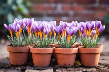 crocuses spring flowers growing in pots close-up. modern business and private entrepreneurship, flower shop. Holiday gift - obrazy, fototapety, plakaty
