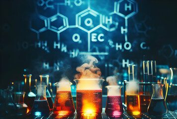 Chemicals in flasks, blue background, chemistry concept