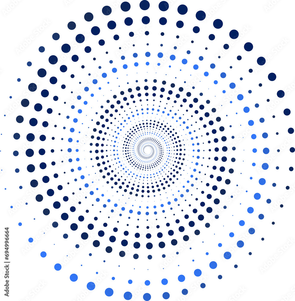 Poster round abstract shape. design element: series of dots from small to large twisted in spiral for prese