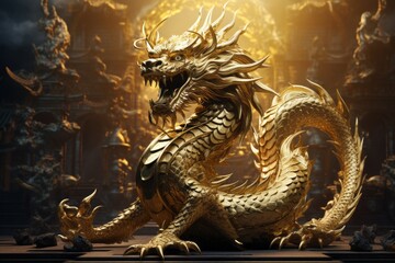 Fantasy style golden dragon. Symbol of the next 2024 year