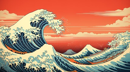 Great ocean wave as Japanese vintage style illustration