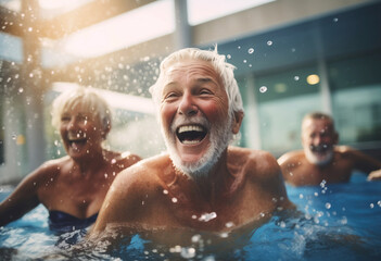 Active elderly people having fun in a swimming pool. Retired lifestyle - obrazy, fototapety, plakaty