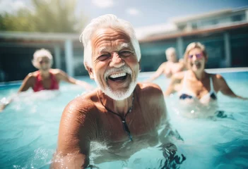 Papier Peint photo Lavable Fitness Group of retired people enjoying aqua fit class an outdoor swimming pool