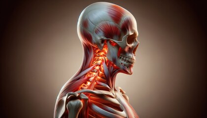 Inflammation in the neck muscles with highlighted red areas signifying pain. 