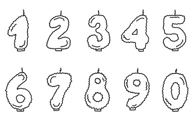 Doodle lit candle numbers for birthday cake. Hand drawn numeral icons. Zero, one, two, three, four, five, six, seven, eight, nine