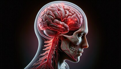 Semi transparent view of a human head, detailing the brain and vascular system with areas commonly affected by headache pain highlighted in red.