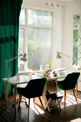 Long table with manicure tools in a beauty salon