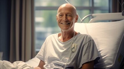 Portrait of smiling cancer patients sitting on hospital bed and listening to music