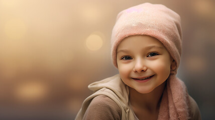 smiling cancer patient little girl in pink cap and coat looking at camera outdoors