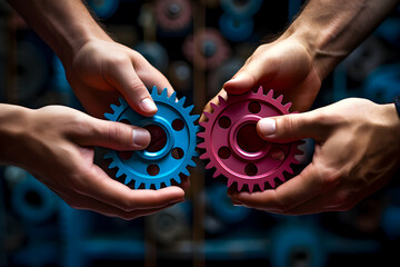 Two hands are holding colorful gears, one blue and one pink, against a background of many gears. This symbolizes teamwork, connection, and working parts - obrazy, fototapety, plakaty