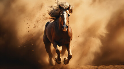  A horse running through the air with a lot of dust on background 