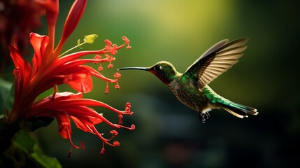 Fototapeta premium Rare Green Hermit hummingbird in Costa Rica, captured in action feeding on a vibrant red flower amid a lush tropical forest.