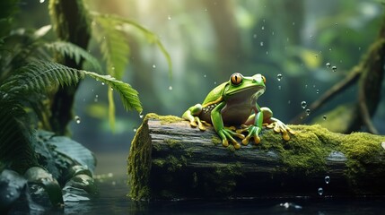 green frog floating in a rainforest river - obrazy, fototapety, plakaty