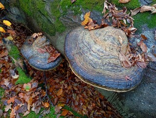 Black wood mushrooms on an old tree trunk covered with moss and sprinkled with fallen dry leaves. Beautiful forest textures in autumn in the forest.
