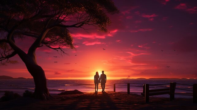 A silhouetted couple holding hands, watching a mesmerizing sunset by the seashore