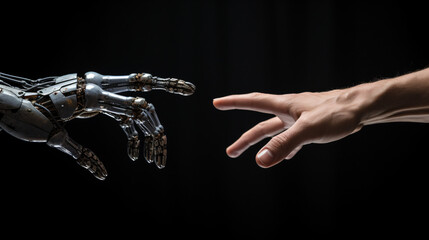 A human hand reaches out to a robots hand - obrazy, fototapety, plakaty